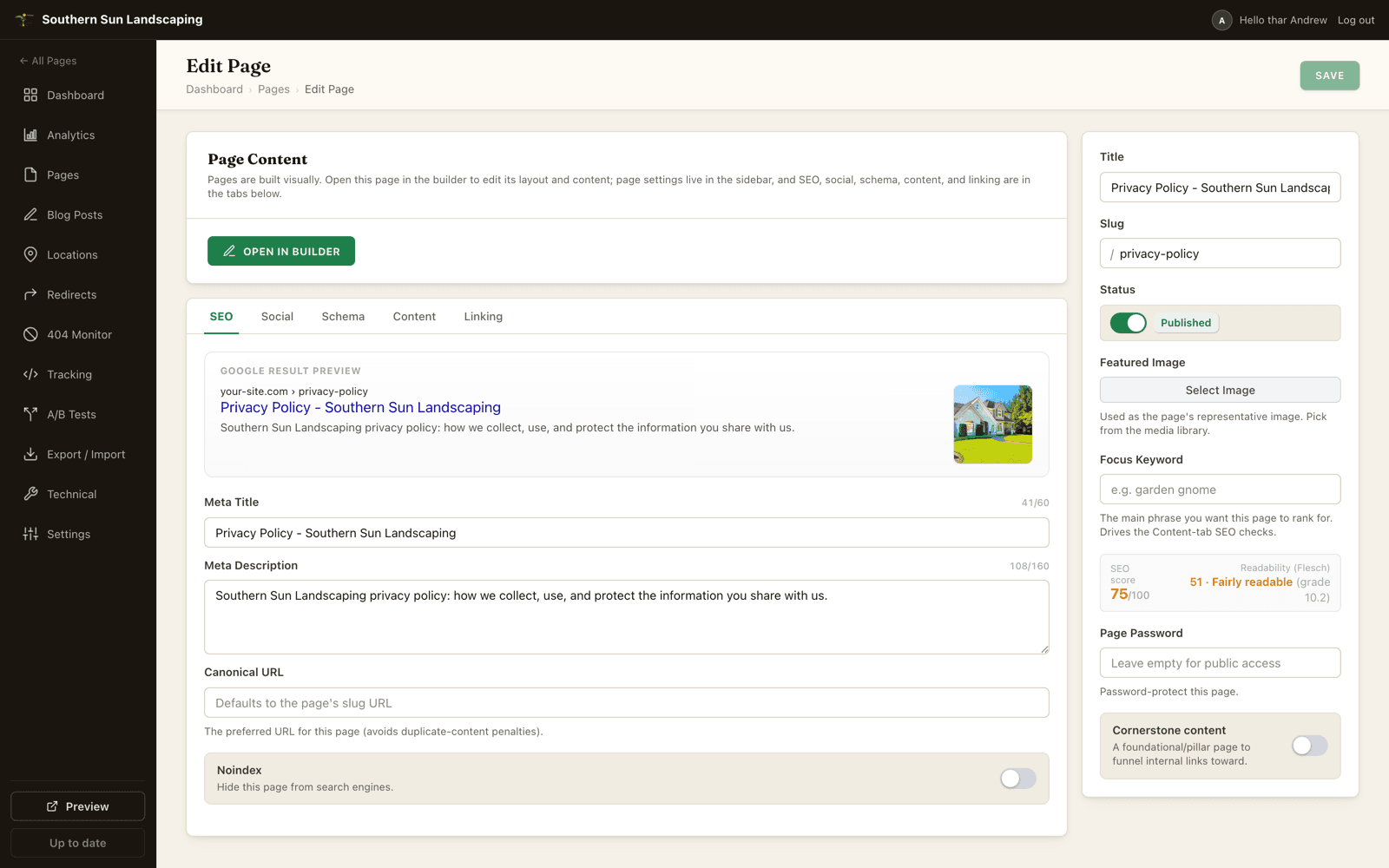 Per-page meta with a live Google preview