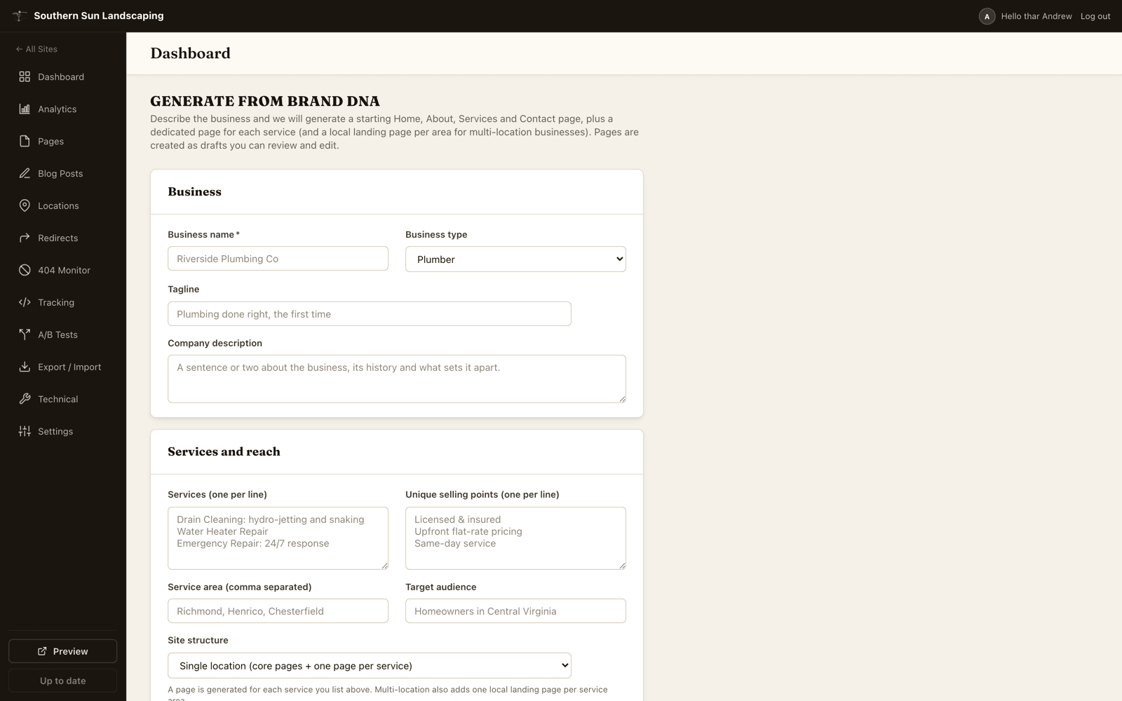 Draft a full site from a brand. in Seedly Sites