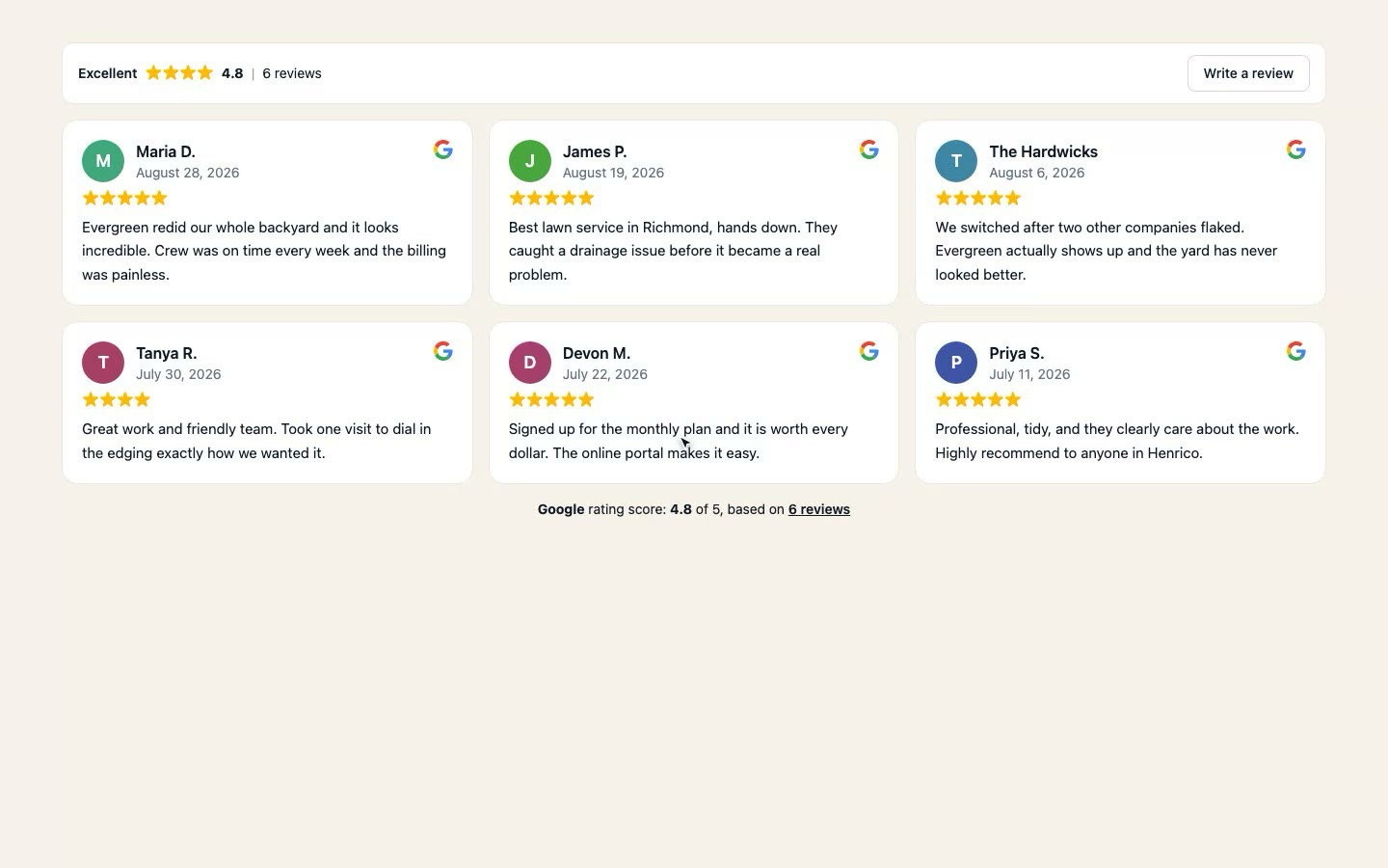 A connected reviews widget on a published site showing a star rating and review cards