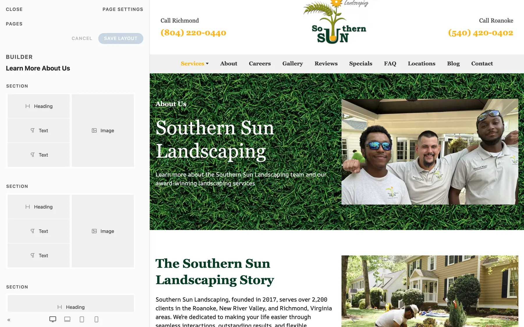 The visual builder with the outline panel on the left and the live page canvas on the right