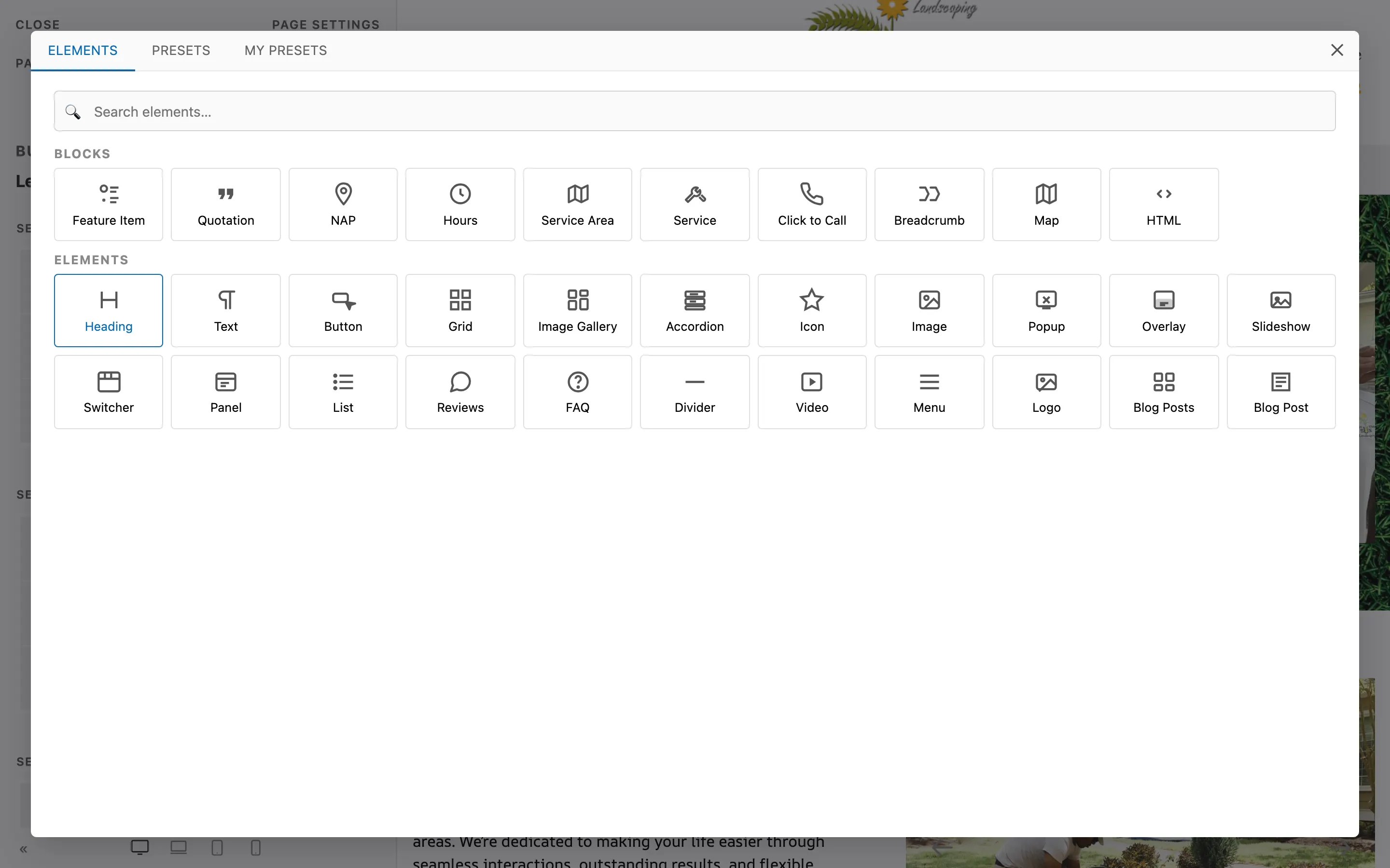 The element library with layout pieces, blocks, and content elements to add to a page