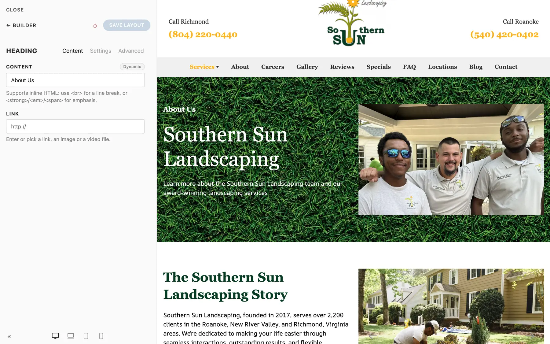 The Heading inspector's Content tab with the heading text and link fields