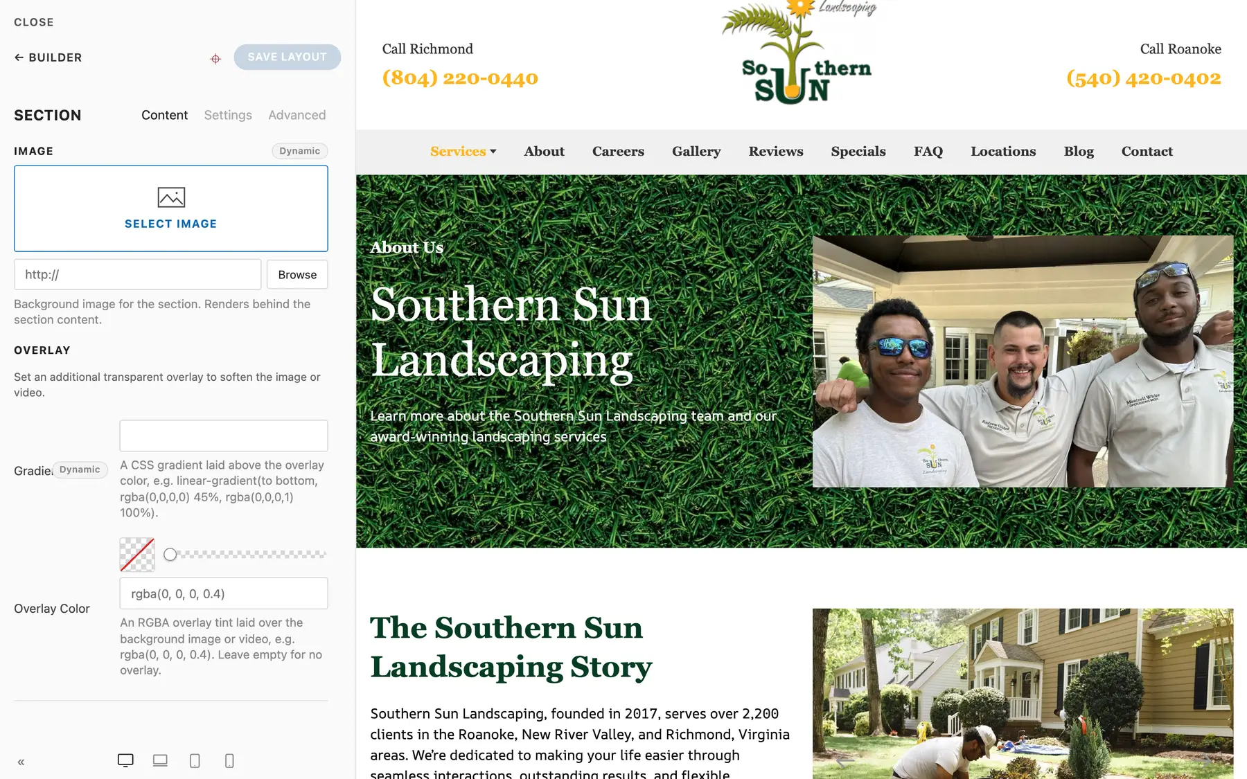 The Section inspector's Content tab with background image and overlay controls