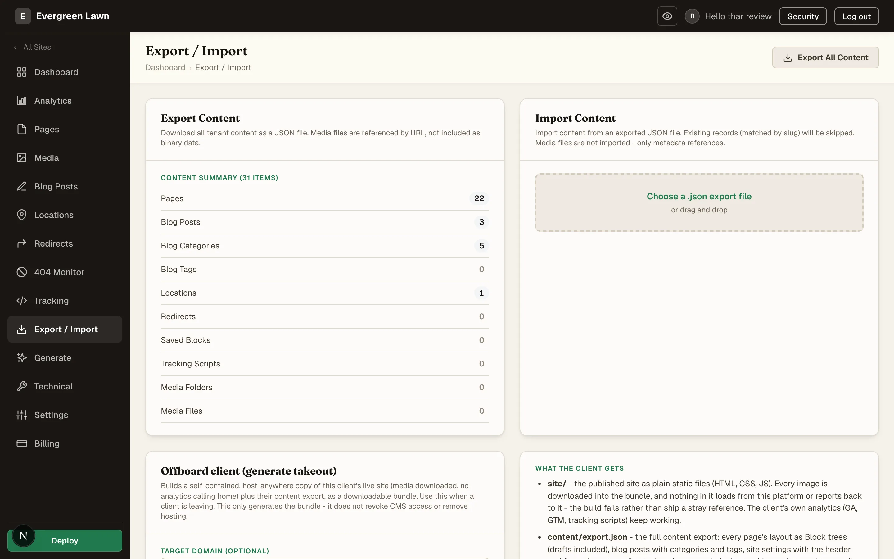 The Export and Import tab with a content summary and the client takeout builder