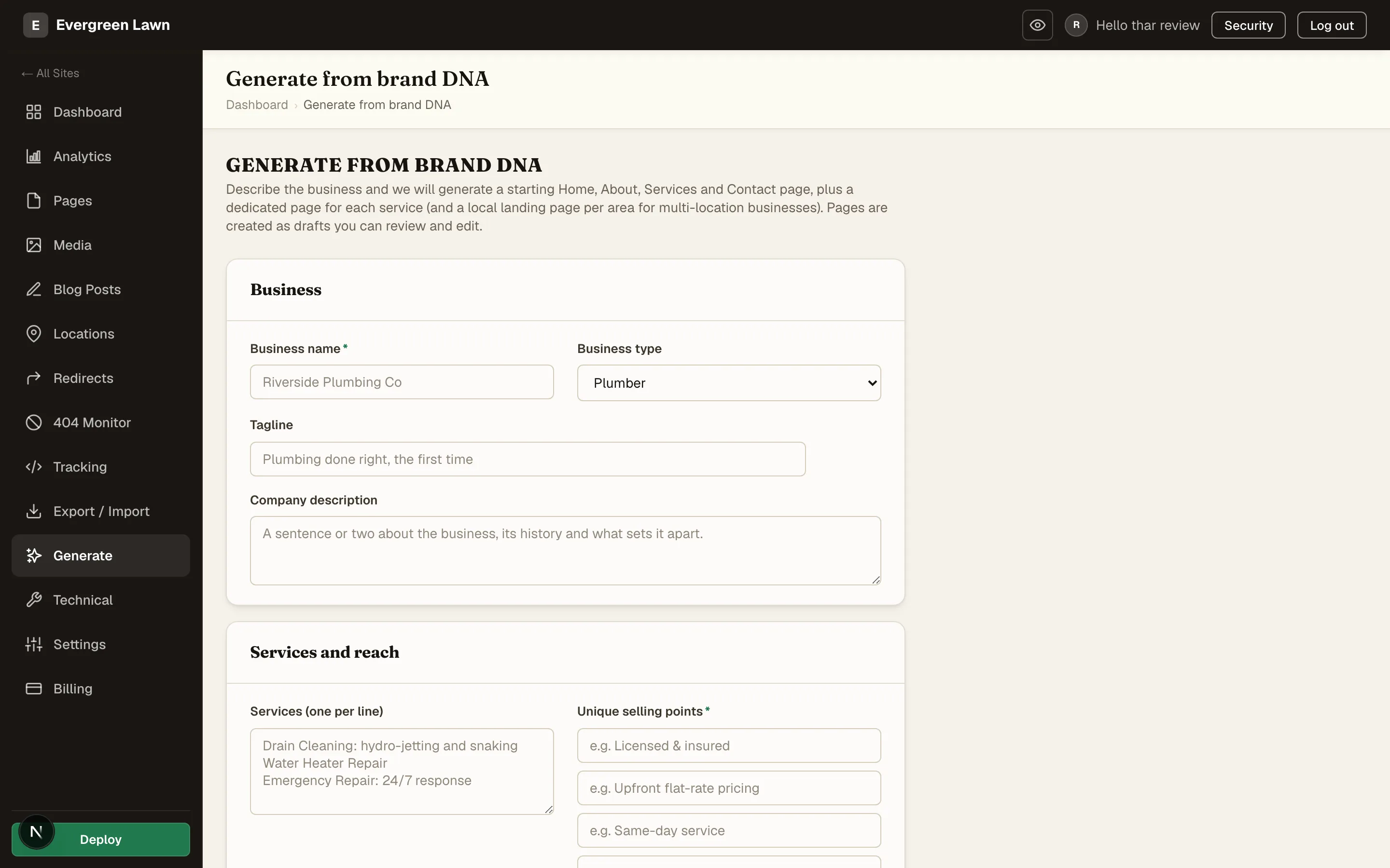 The Generate from brand DNA form with business, tagline, services, and selling-point fields