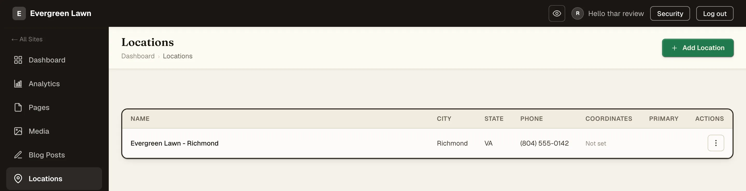 The Locations list showing a location's name, city, state, and phone