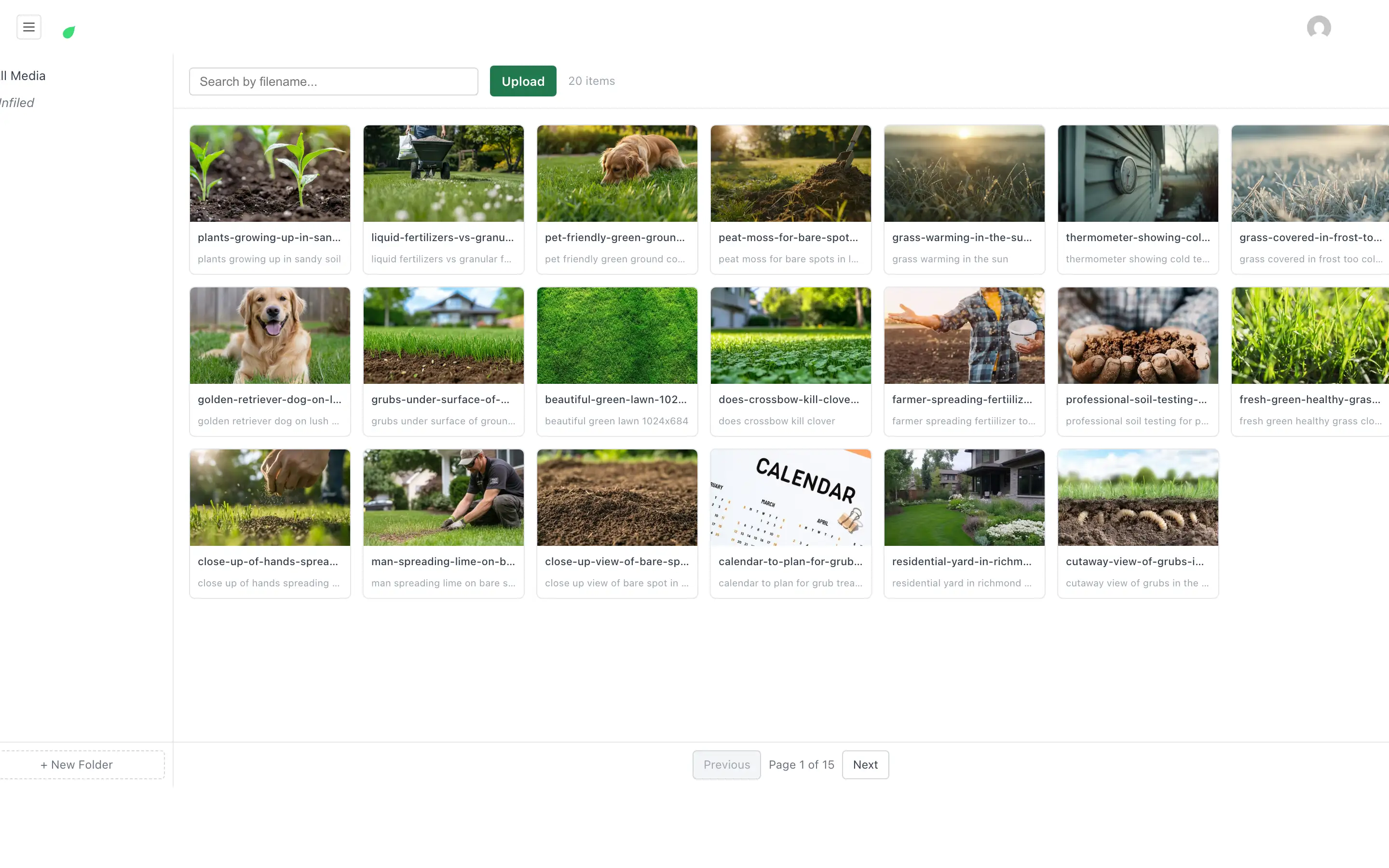 The media library grid with per-image alt text, folders, search, and upload