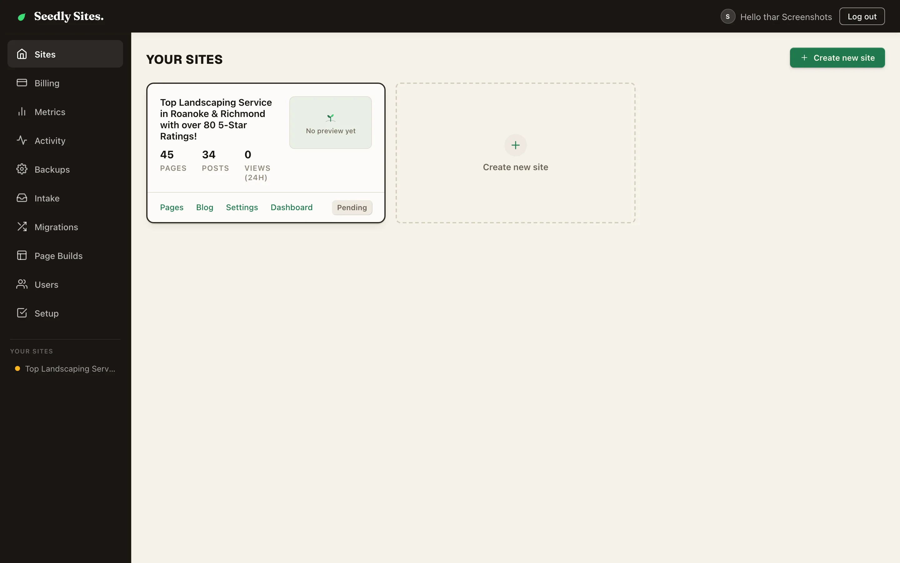 The operator dashboard listing every client site with page, post, and view counts