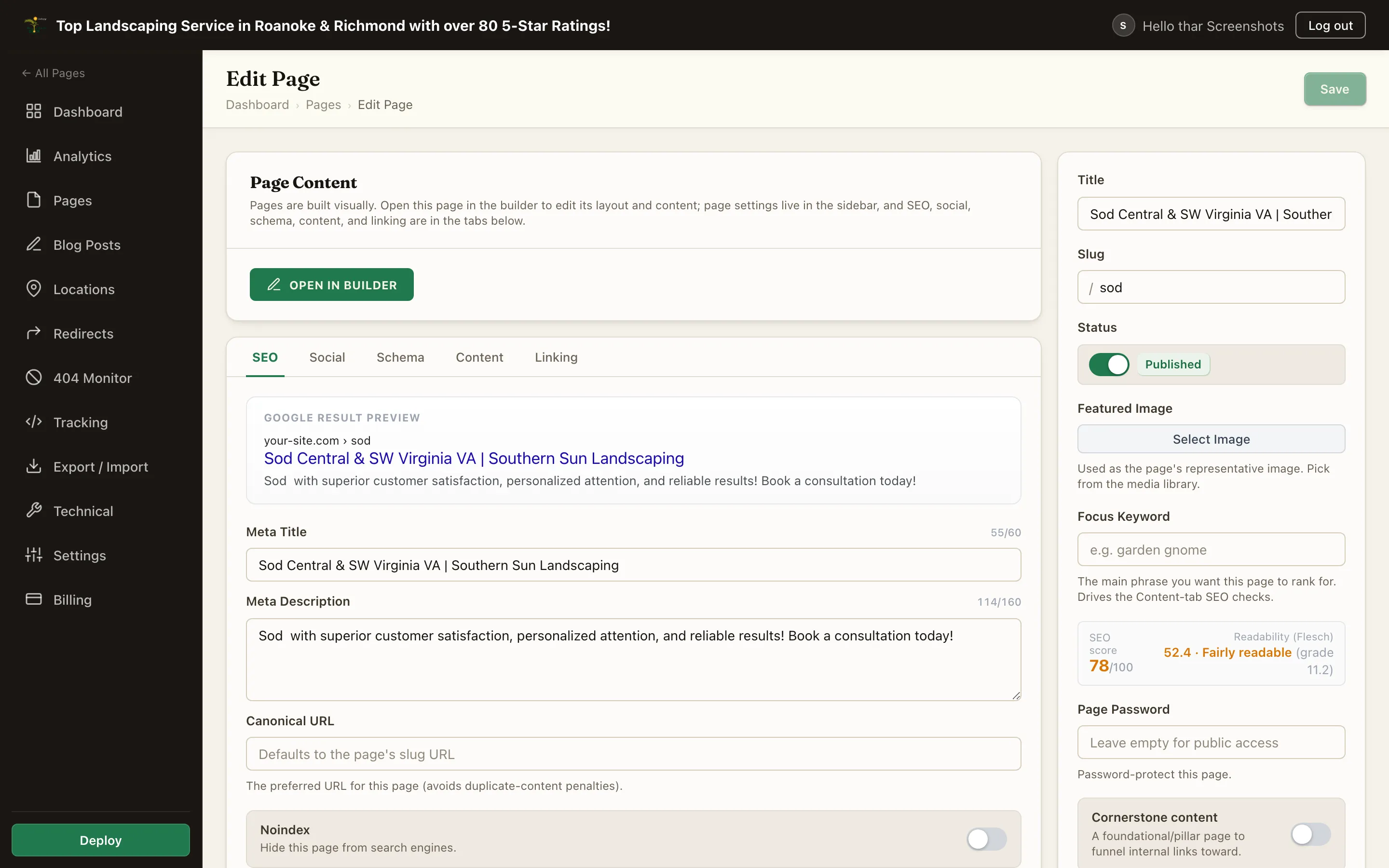 The page editor's SEO tab with a Google result preview, meta fields, and the SEO score in the sidebar