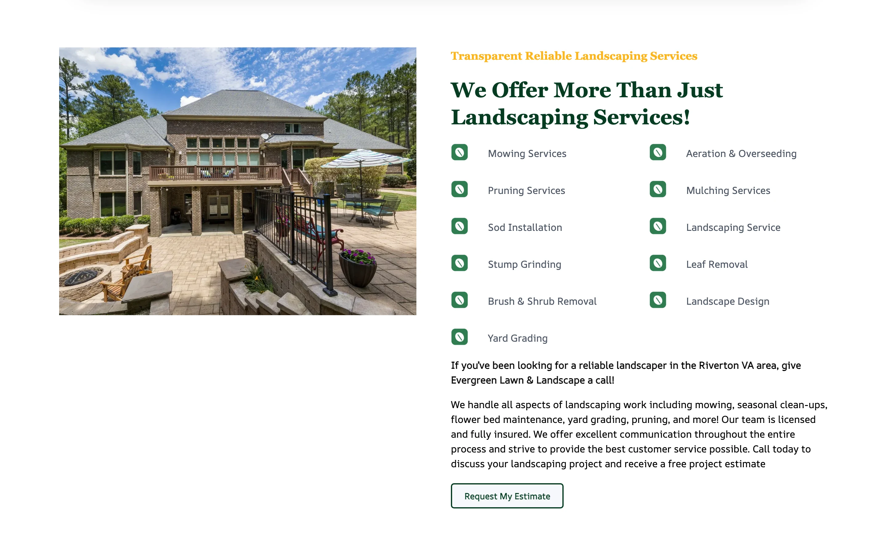 A Grid element rendered as a two-column list of landscaping services, each row an icon beside a service name, on a published page.