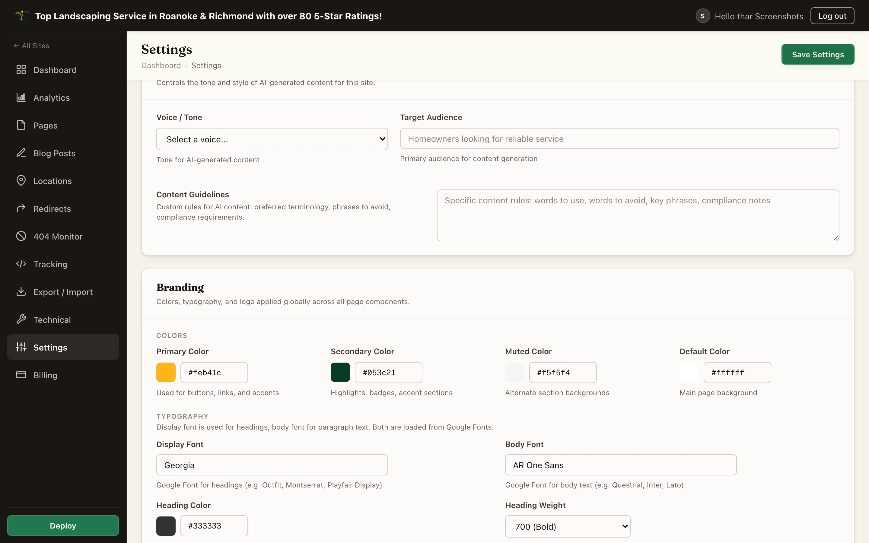 The Branding section of Site Settings with brand color and typography fields