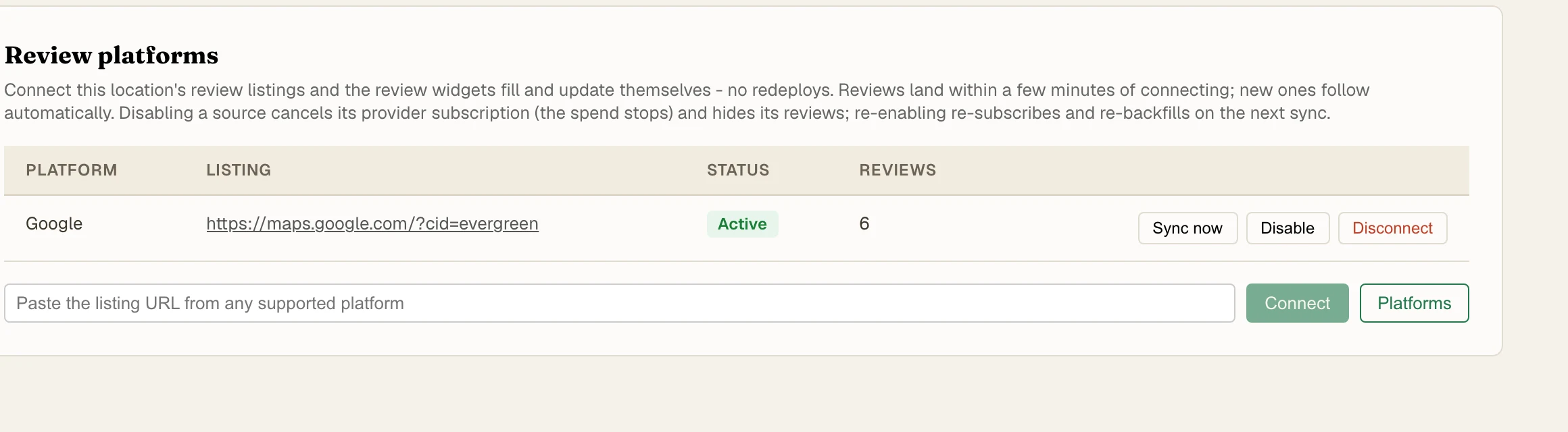 The Review platforms card on a location, showing a connected Google listing marked Active with its review count, and Sync, Disable, and Disconnect controls.