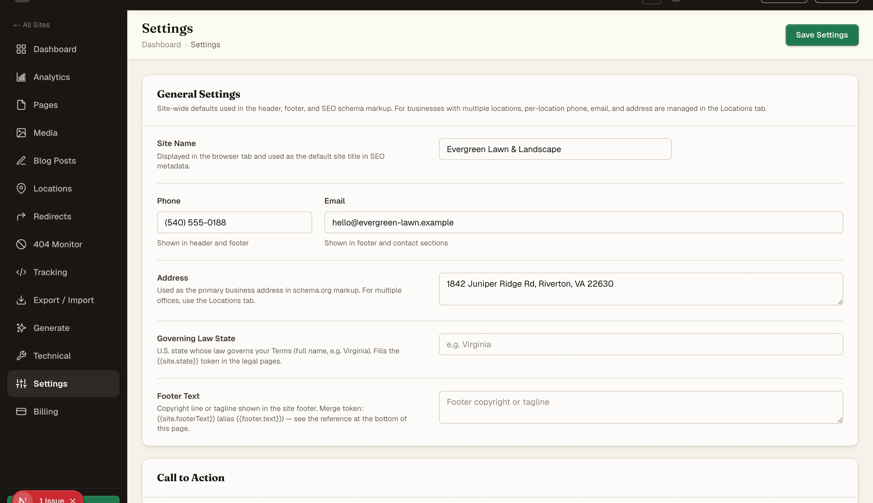 The Settings page with the site name, phone, email, address, and merge-token fields