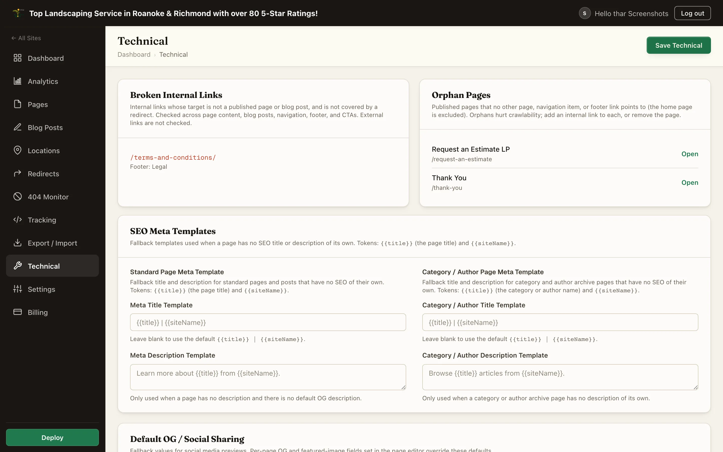 The Technical tab showing broken internal links, orphan pages, and SEO meta templates