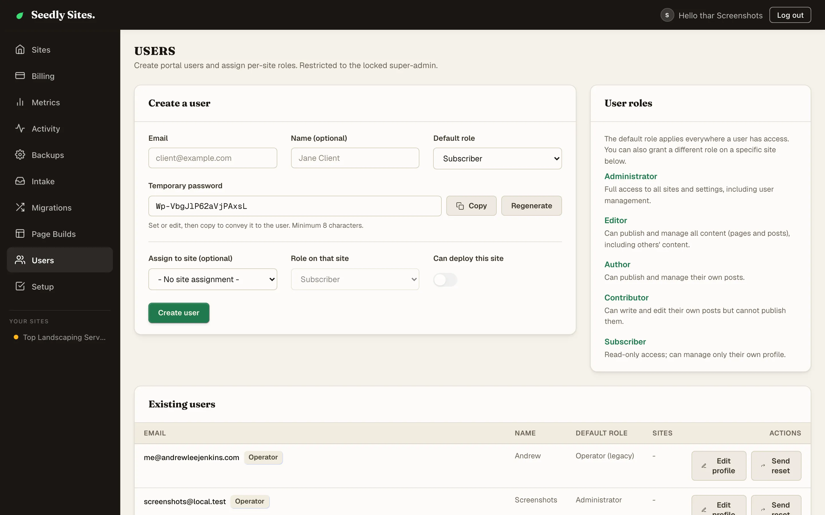The Users page with the create-a-user form, the five site roles explained, and the existing users list